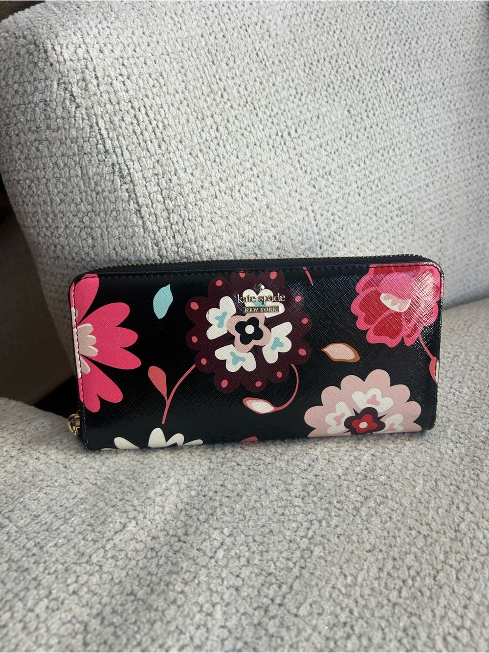 kate spade Black Floral Zip Wallet with Pink and Cream Blooms